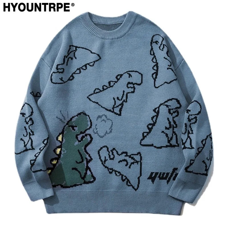 fashion knitted sweater autumn winter o neck dinosaur pattern pullover streetwear unisex casual loose sweaters jumper knitwears oversized graphic print design, streetwear fashion hoodie, unique limited edition hoodie