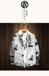 Cool Newspaper Print Shirt Men Gothic Oversize Shirts Japan Funny Shirts Long Sleeve Loose INS Tops Summer Punk Harajuku Shirt