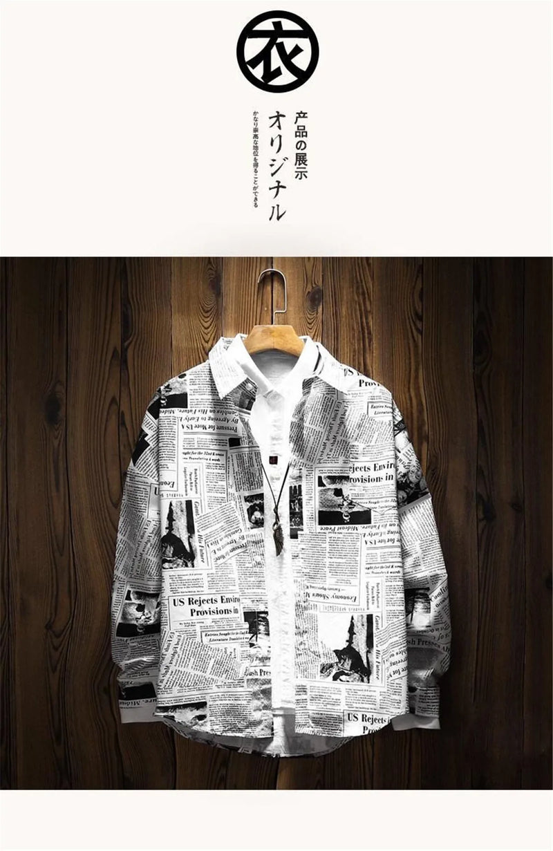 Cool Newspaper Print Shirt Men Gothic Oversize Shirts Japan Funny Shirts Long Sleeve Loose INS Tops Summer Punk Harajuku Shirt