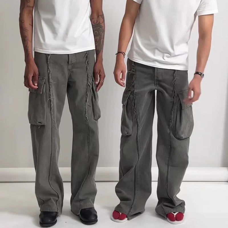 y2k streetwear tassel multi pocket jeans for men straight solid baggy cargo pants pantalones hombre casual denim trousers 1 unique cargo style 496