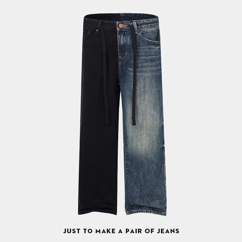 men streetwear fashion black blue splice hip hop loose casual wide leg straight baggy jeans pant cityboy jeans pants trousers unique jeans style 2653