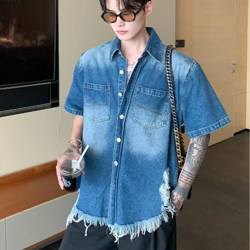 fashion high street mens set 2024 multi pocket short sleeved denim shirt casual straight leg pants 2 pcs set summer suit unisex ripped baggy denim