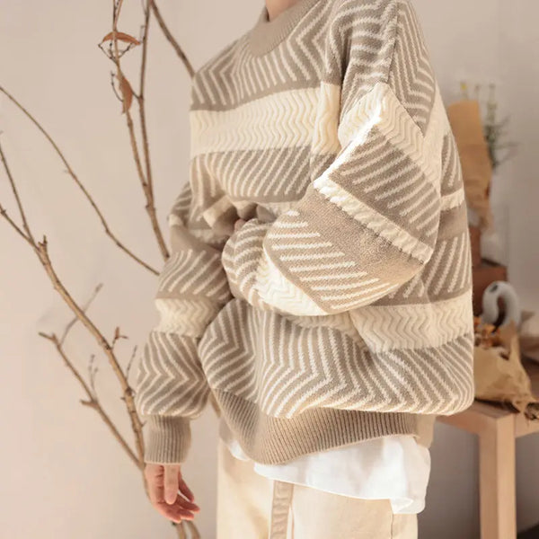 grunge knit sweater with heavyweight fabric, layered urban look for cold weather, street fashion menswear trend for seasonal 