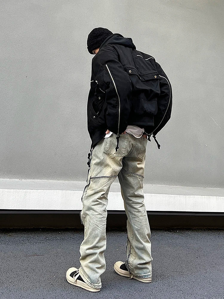 retro washed denim jean pants 2023 new casual zipper open loose straight jeans hip hop y2k pants mens jeans streetwear joggers casual joggers
