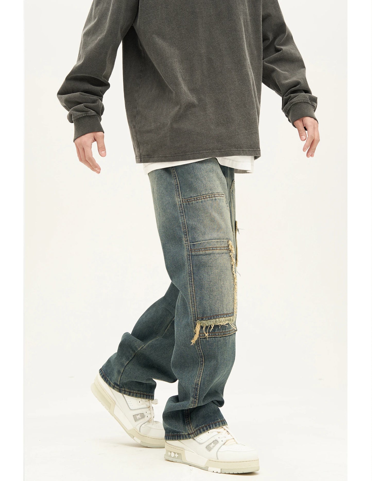 retro washed denim jeans destroyed ripped loose mens biker jeans side pocket fashion streetwear hip hop straight pants joggers unique joggers style 2209