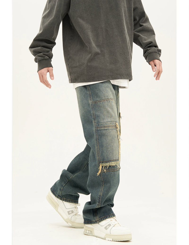 retro washed denim jeans destroyed ripped loose mens biker jeans side pocket fashion streetwear hip hop straight pants joggers unique joggers style 2209