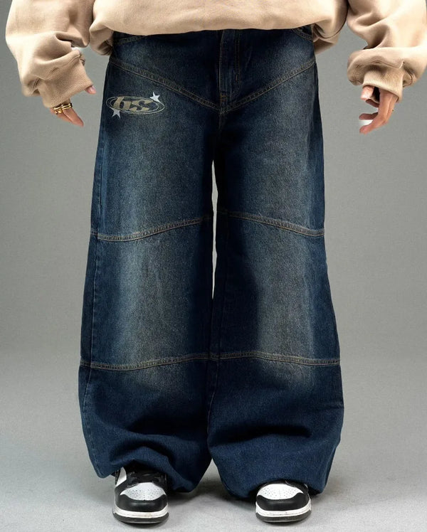 american dark blue vintage street style jeans alphabet embroidery loose pants men y2k punk harajuku couple casual wide leg pants vintage washed jeans