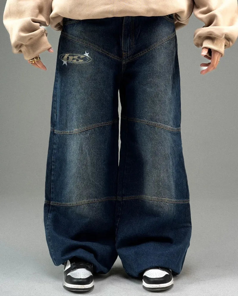 american dark blue vintage street style jeans alphabet embroidery loose pants men y2k punk harajuku couple casual wide leg pants vintage washed jeans