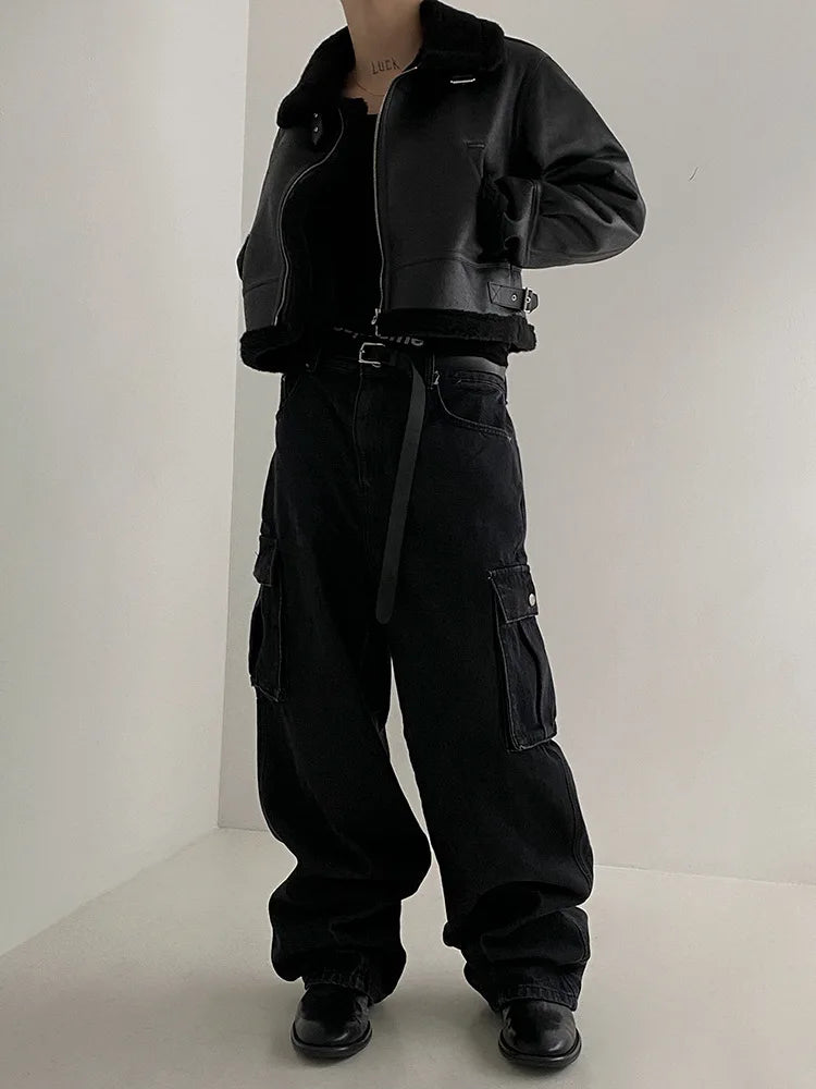 Winter Fur One-piece Cotton-padded Coat Men's Winter Korean-style Loose Suede Deer Leather Lambskin Motorcycle Leather Jacket