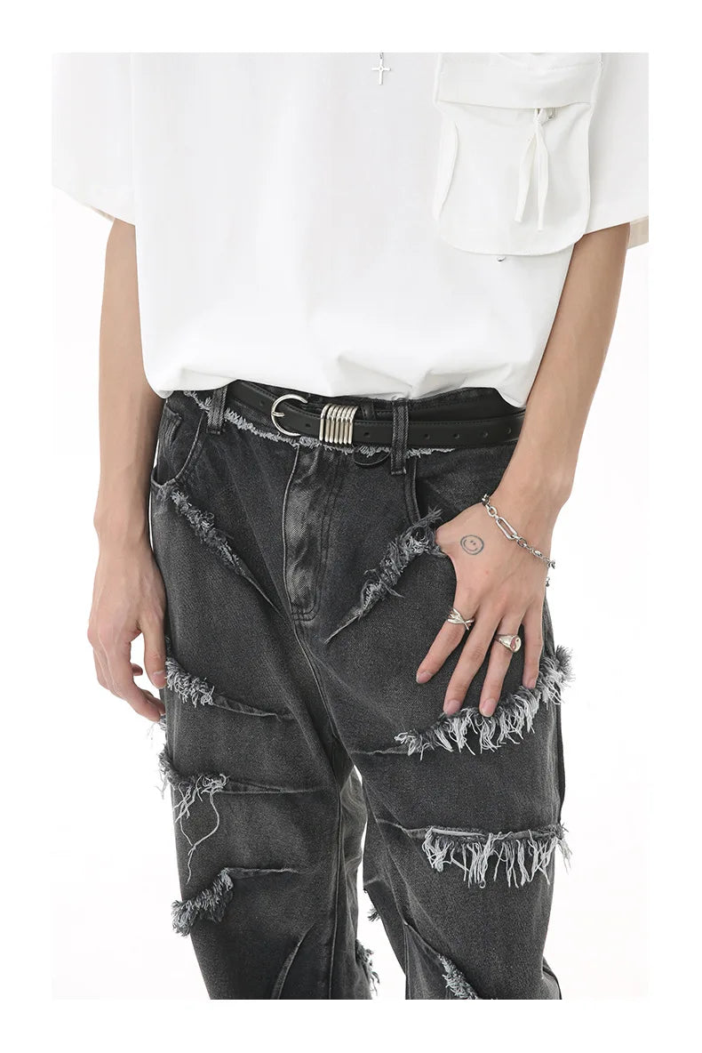2023 european and american mens jeans new products personality trend hip hop fringed loose wide leg denim trousers unique jeans style 716