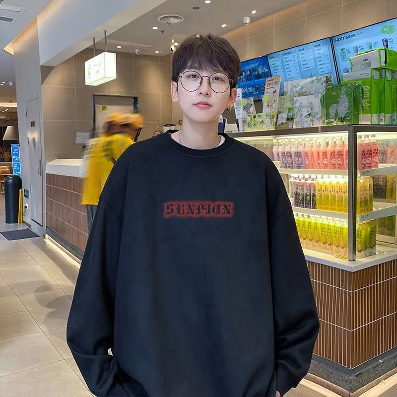 Personalized Street Suede Sweatshirt Men Autumn Winter American High Street Y2K Handsome and Versatile Casual Top