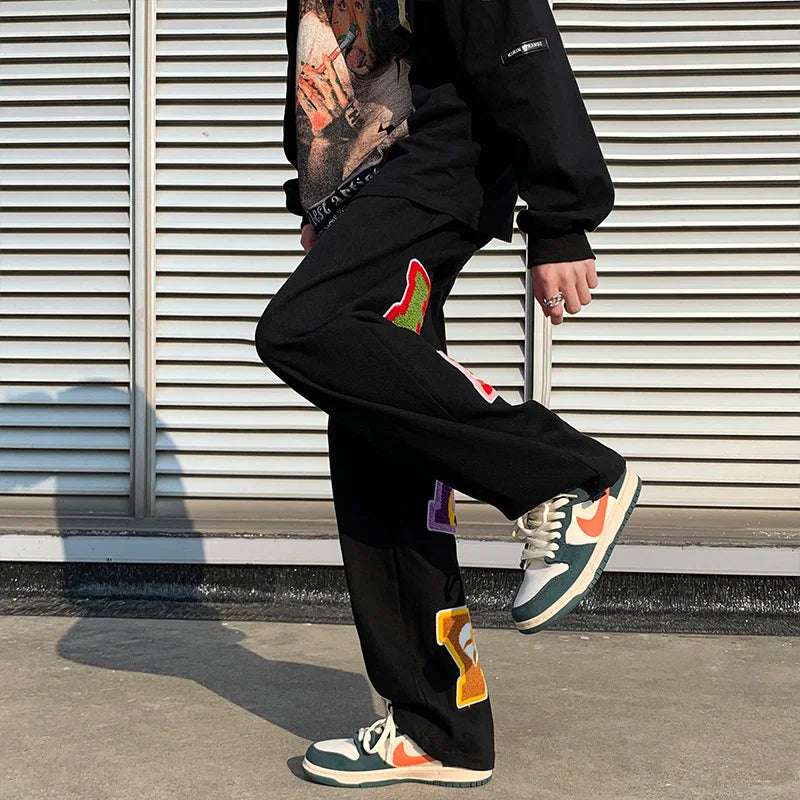 preppy style letter embroidery straight men baggy tracksuit pants y2k clothes sweatpants male drawstring casual long trousers unique joggers style 1070