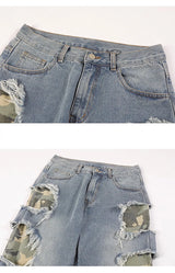 side destroyed ripped holes denim jeans pants mens casual patchwork camouflage loose straight joggers hip hop streetwear jeans unique joggers style 4088