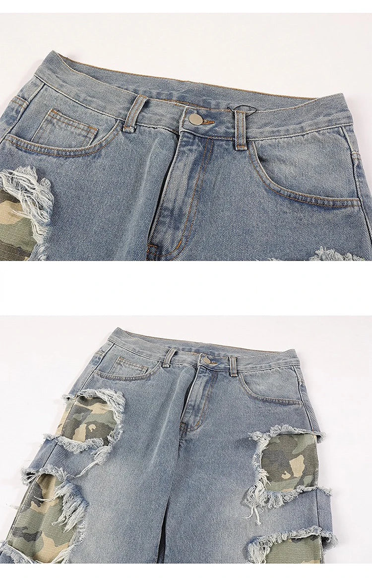 side destroyed ripped holes denim jeans pants mens casual patchwork camouflage loose straight joggers hip hop streetwear jeans unique joggers style 4088