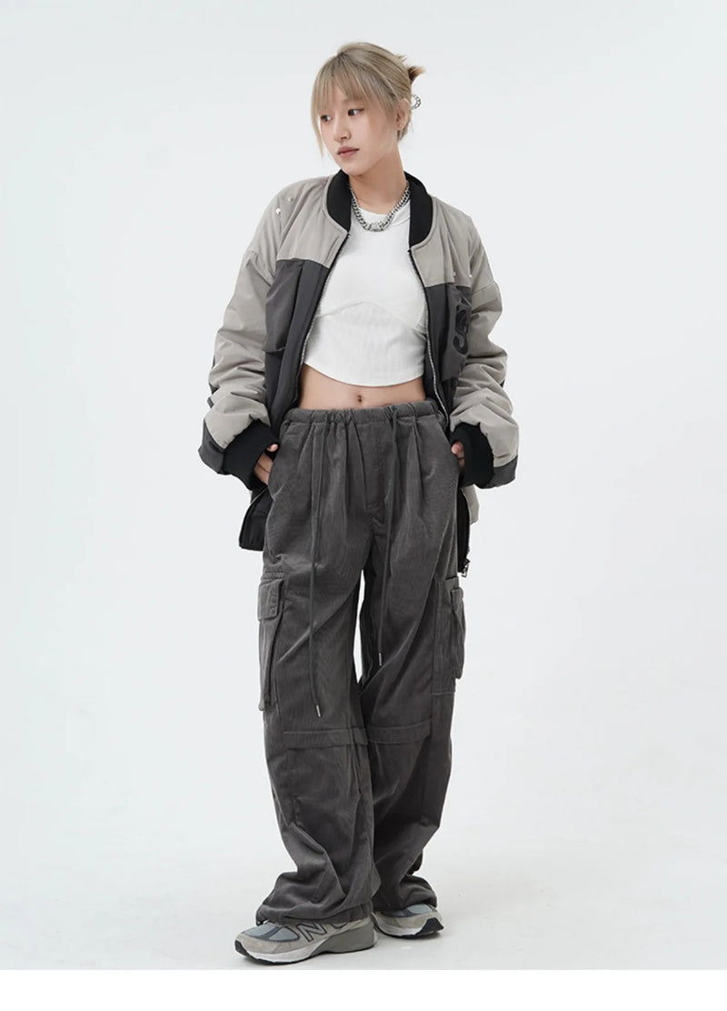 women high street corduroy pants casual elastic waist side pocket loose straight pant unisex hip hop y2k loose streetwear jogger unique joggers style 2361