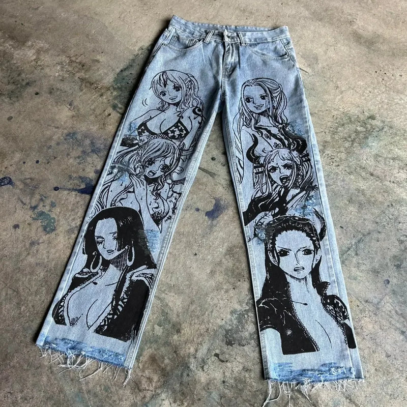 harajuku popular anime kokushibo print baggy jeans new style wide leg trouser y2k streetwear for men women high waist pants unique jeans style 4289
