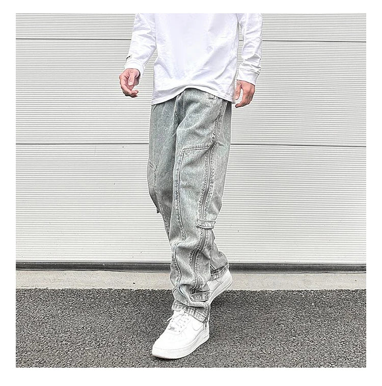 side long zipper open denim jeans mens elastic waist straight biker trousers jeans fashion streetwear hip hop jean pants joggers unique joggers style 2543