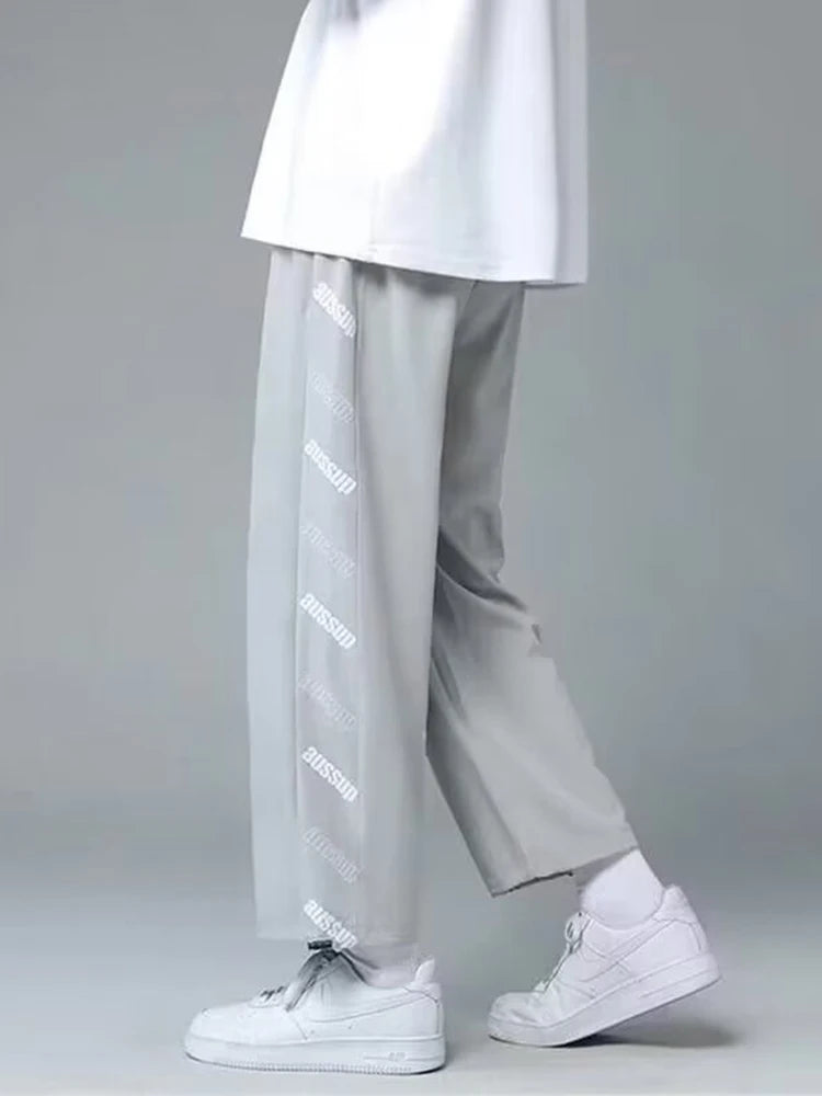 summer side letter printed straight pants mens drawstring sports joggers sweatpants y2k streetwear baggy casual trousers unique joggers style 914