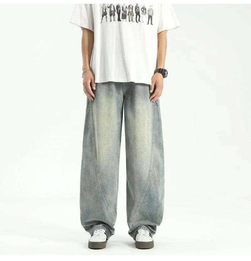 new vintage men s patchwork baggy jeans draped straight leg denim trousers autumn korean fashion high street casual y2k jean unique jeans style 544
