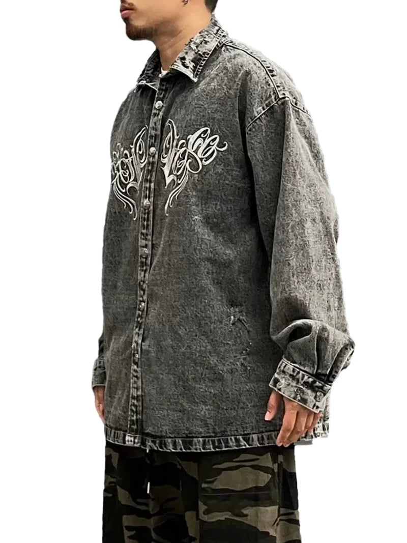 Hip Hop Denim Jeans Shirt Harajuku Retro Washed Letter Embroidery Long Sleeve Shirts for Men High Street Casual Loose Tops Shirt