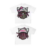 y2k manga streetwear tee with glitch block overlays and pastel tones