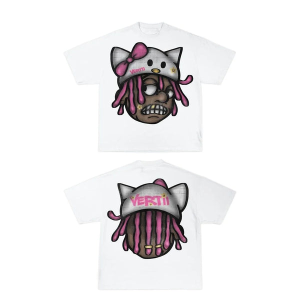 y2k manga streetwear tee with glitch block overlays and pastel tones
