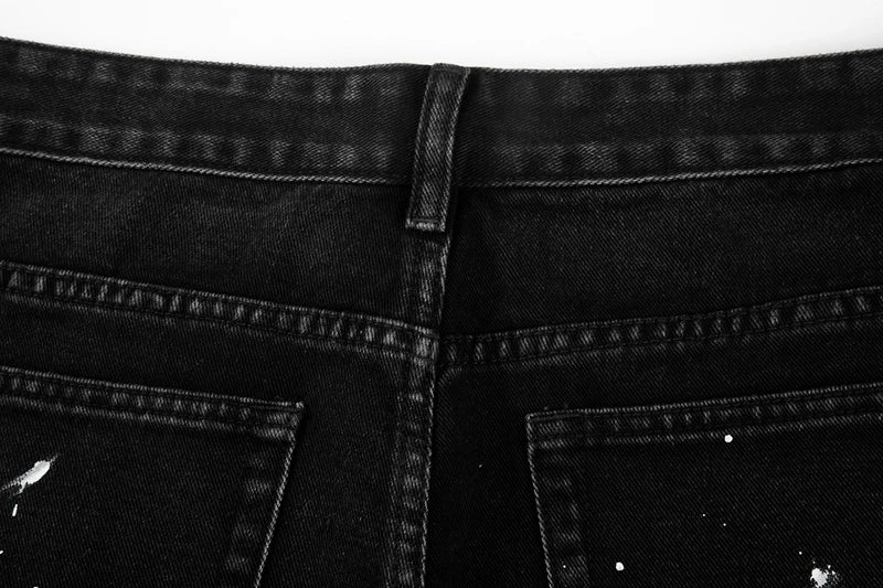 black white checkered patchwork straight leg denim trousers men hip hop splashed ink logging pants jeans slim fit washed torn unique jeans style 567