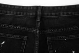 black white checkered patchwork straight leg denim trousers men hip hop splashed ink logging pants jeans slim fit washed torn unique jeans style 567