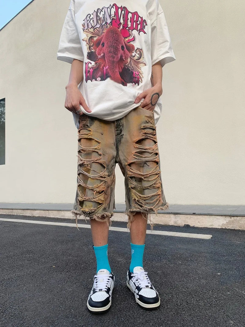destroy ripped big holes spliced denim jeans shorts hip hop loose short pant harajuku half baggy jeans mens summer casual shorts unique jeans style 2672