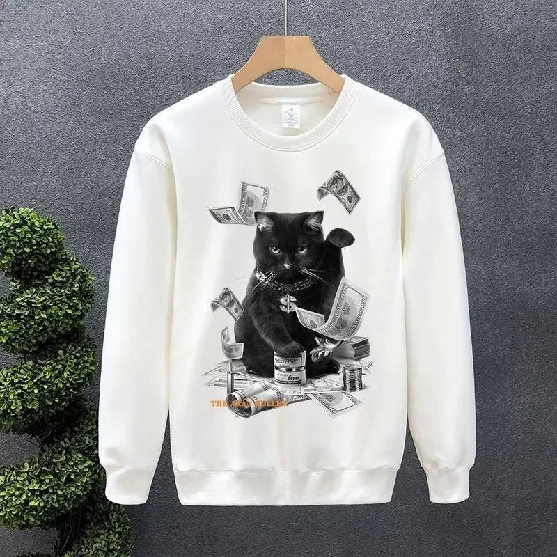 Cartoon Money Cat Graphic Printed Crewneck Sweatshirts Hombre Hip Hop