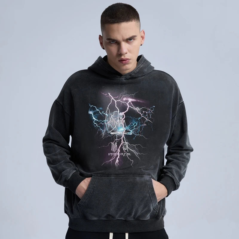 glitchcore chrome print featuring rainbowtouches washed hoodie mens high street fashion skull graphic hoodies hip hop anime style coat unisex superior quality