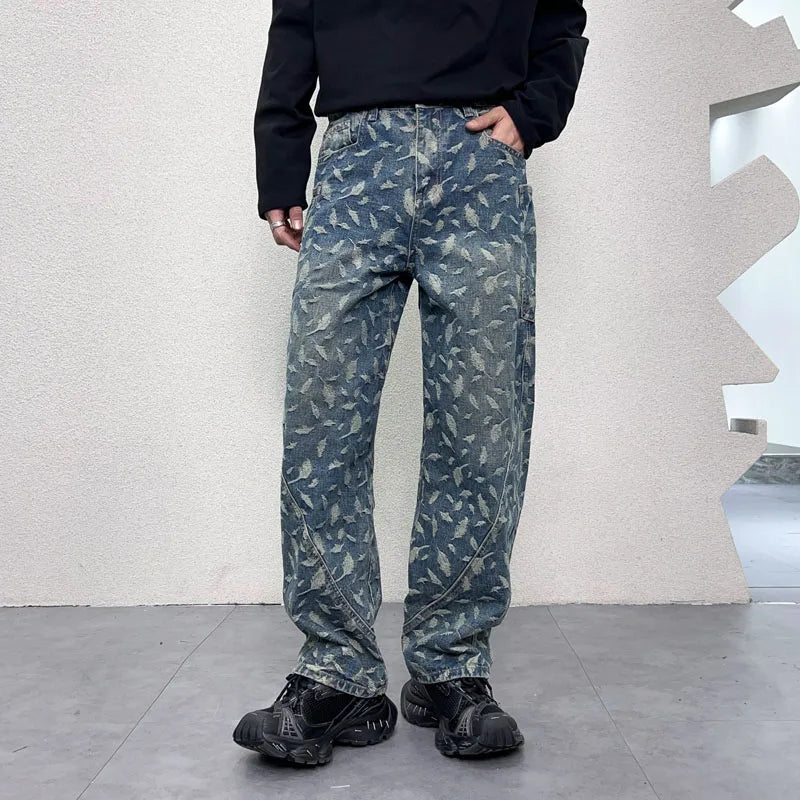 men jacquard loose casual hip hop vibe splice pocket denim baggy jeans pants man streetwear ripped jeans trousers boyfriend unique jeans style 3145