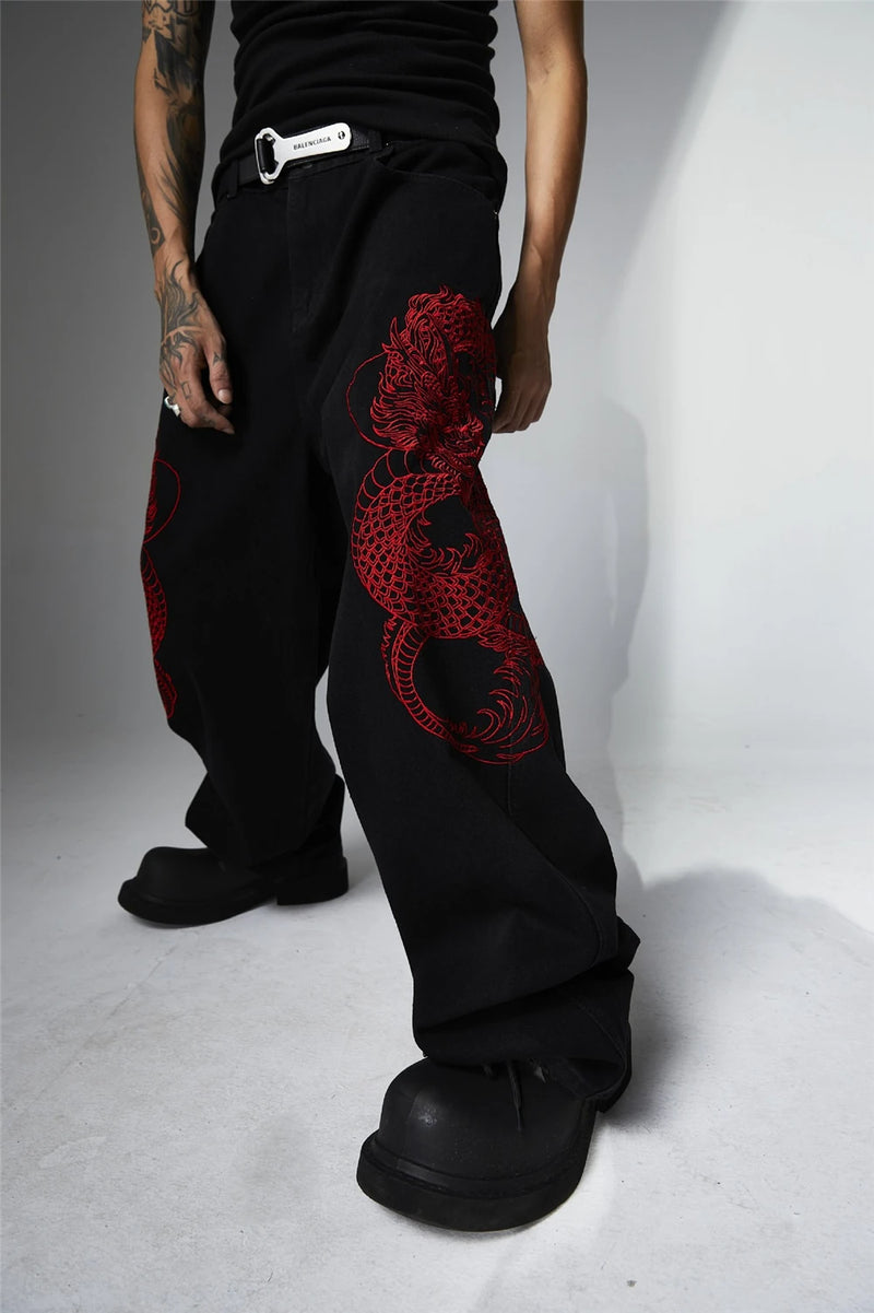 mens black baggy jeans dragon embroidered straight jeans streetwear hip hop loose trousers male luxury designer denim pants 1 unique jeans style 1797