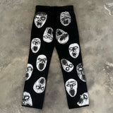 harajuku many ghost faces print y2k men s jeans popular anime baggy jeans wide leg pants streetwear trouser men clothing stacked flare jeans