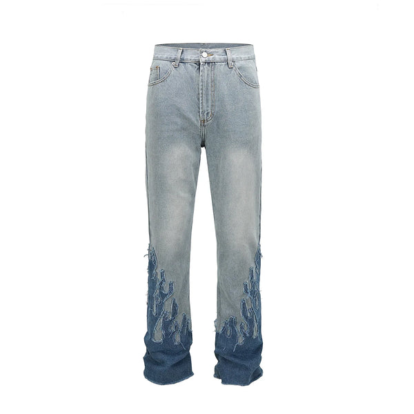 blue flame embroidery patchwork baggy mens jeans pants streetwear vintage washed casual denim trousers oversized cargos multi-pocket cargos