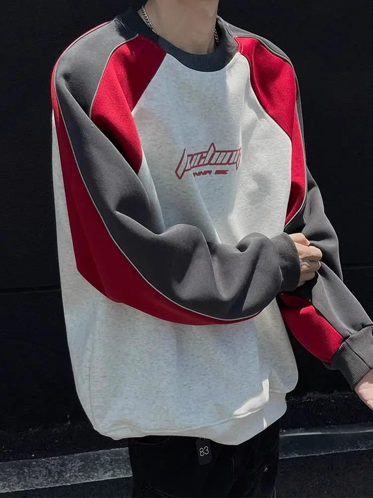 Trendy Personality Korean Motorcycle Style Round Neck Sweatshirt Men 2024 Spring Autumn Niche Contrasting Color Pullover Hot Top