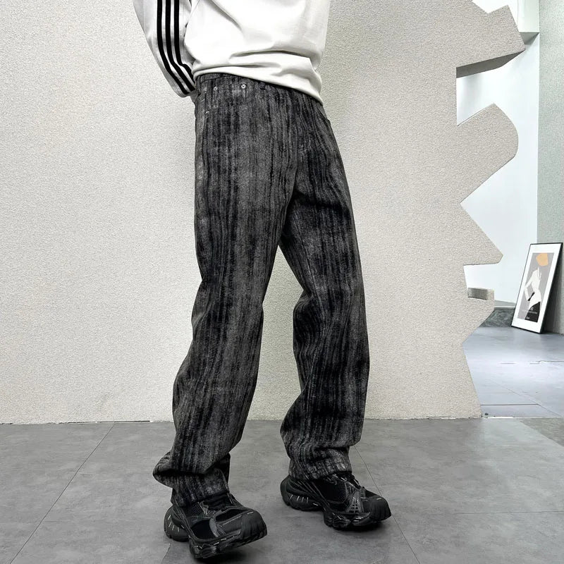 mens streetwear fashion hip hop vibe casual retro tie dyed denim pant jeans cityboy black gray straight jeans trousers urban skinny jeans