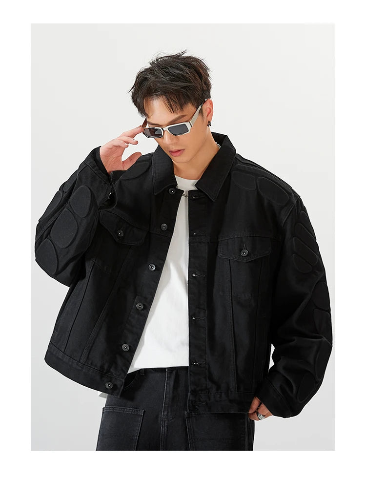 graphic outerwear featuring 2024 spring autumn new oversized armor padded jean coat for men turtle shell ripped denim jacket for men super size clothes design – premium quality jacket for men