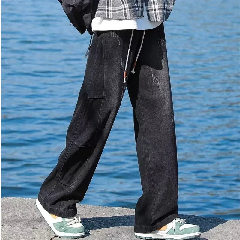 american distressed straight drawstring jeans for men high street baggy patchwork denim pants 2024 new hip hop fashion y2k jean vintage washed jeans
