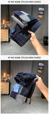 men streetwear splice denim fashion brand hip hop loose casual straight jeans pant cityboy deep blue y2k jeans trousers for men unique jeans style 1878