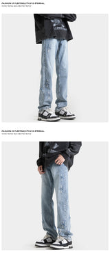 high street slim straight trousers tide vintage washed old colour stars jeans street mens denim trousers 2024 male pants unique jeans style 3330
