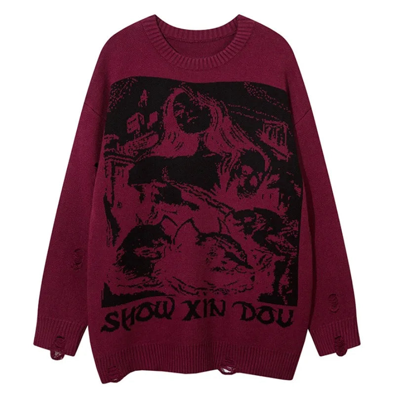 fashion hip hop knitted sweater men autumn winter o neck anime pattern pullover streetwear casual loose sweaters jumper knitwear aesthetic street look hoodie, trendy hip hop style outerwear, high quality cotton pullover