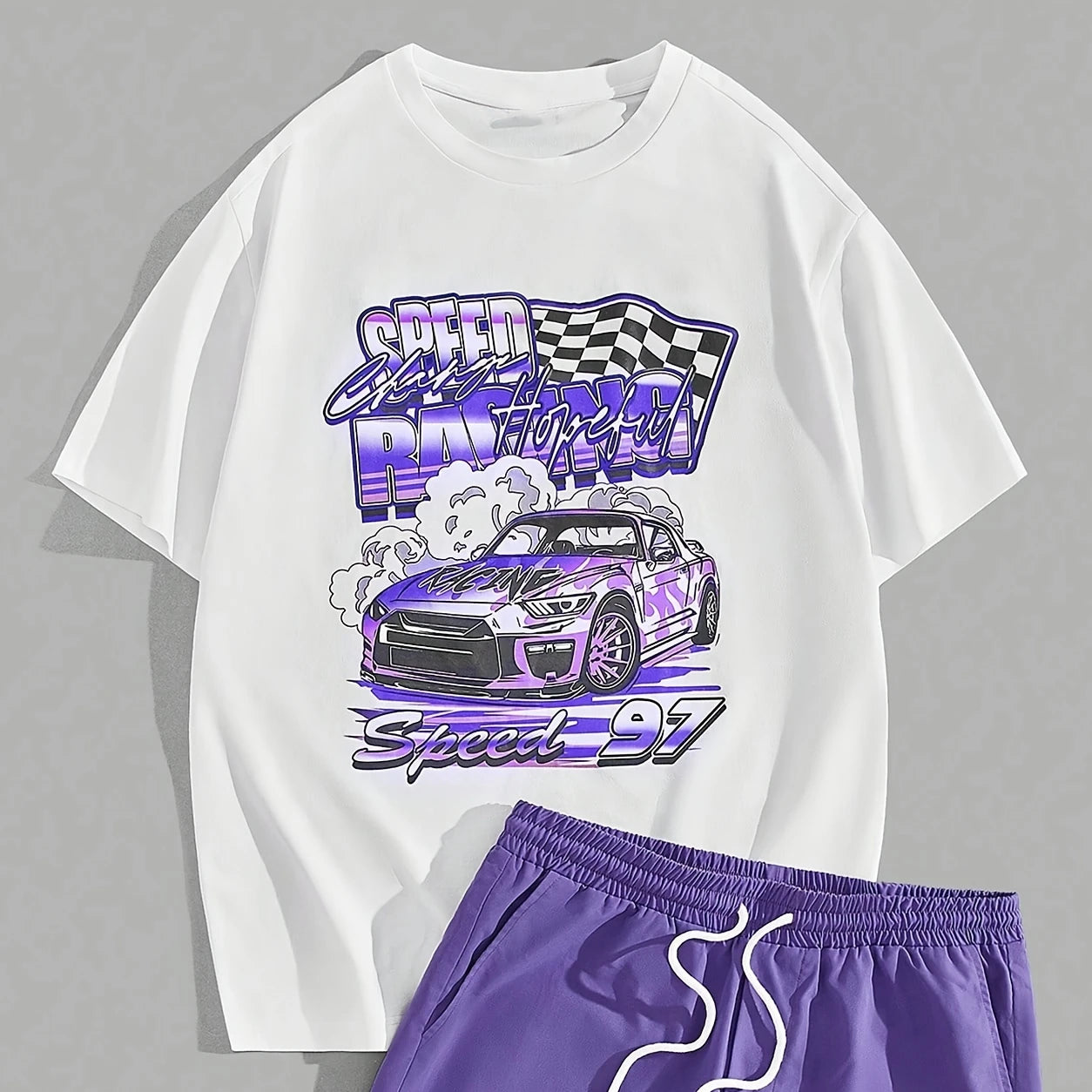 casual summer outfit set car graphic t shirts print shotr pants harajuku tracksuit streetwear purple sweatpants y2k men clothing unique joggers style 4890
