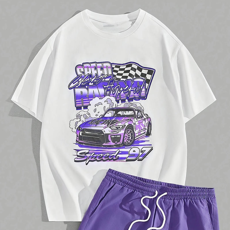 casual summer outfit set car graphic t shirts print shotr pants harajuku tracksuit streetwear purple sweatpants y2k men clothing unique joggers style 4890
