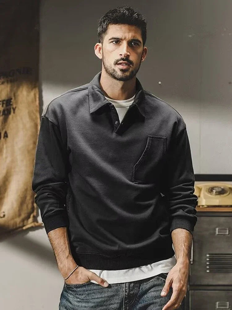 Autumn Y2K Vintage Long Sleeve Sweatshirt Mens Loose Pockets Polo Neck