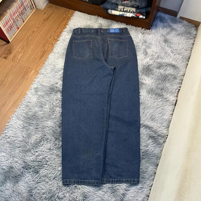 retro blue baggy jeans y2k pants hip hop cartoon streetwear polar big boy jeans embroidery mens womens high waist wide trouser denim street jeans
