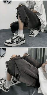 New Style Ripped Denim Shorts Men's Clothing 2024 Summer Five-point Korean Casual Youth Straight Trousers Boutique Clothing