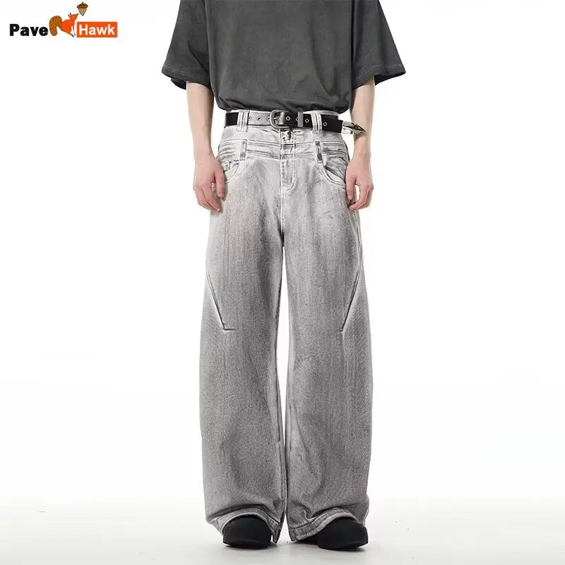 street mens jeans hip hop double waist head gradient smudging trend denim pants y2k 2024 new streetwear american cowboy trousers unique jeans style 477