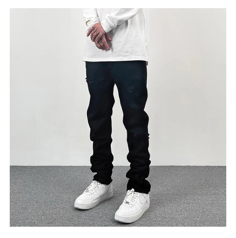 original tie dyed ripped flared denim jean for men streetwear washed hole casual stacked jeans pants mens slim fit jeans 2023 unique jeans style 3729