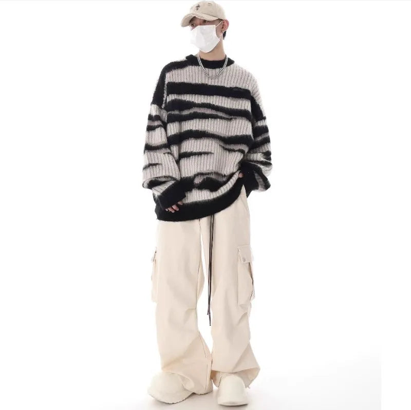 korean hip hop set men striped vintage knit sweater drawstring big pocket cargo pants 2 pcs set spring college casual suit 2024 unique cargo style 4873